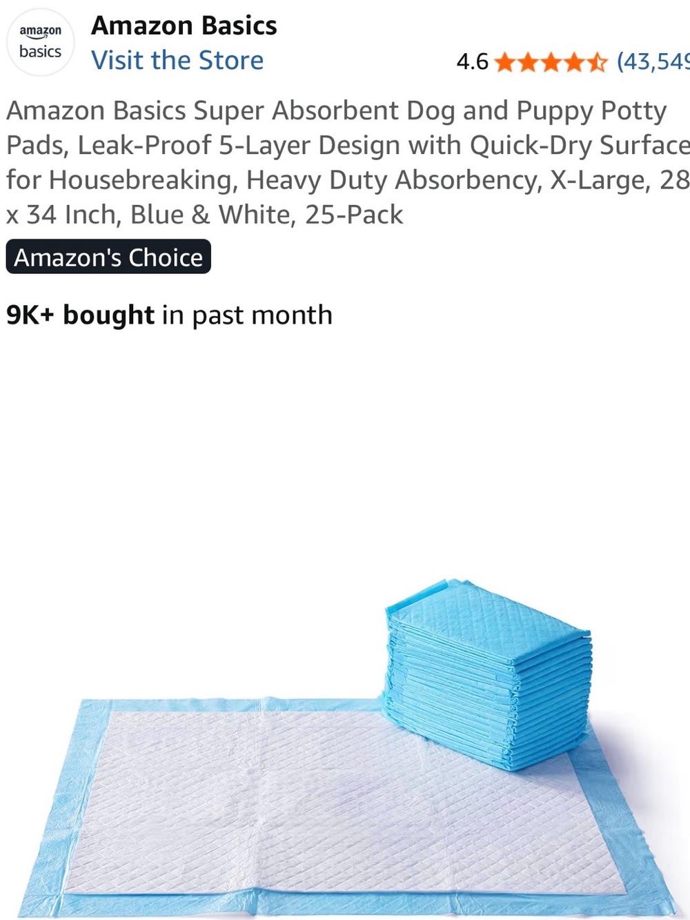 Amazon Basics Blue & White Super Absorbent Puppy Potty Pads, 25-Pack
